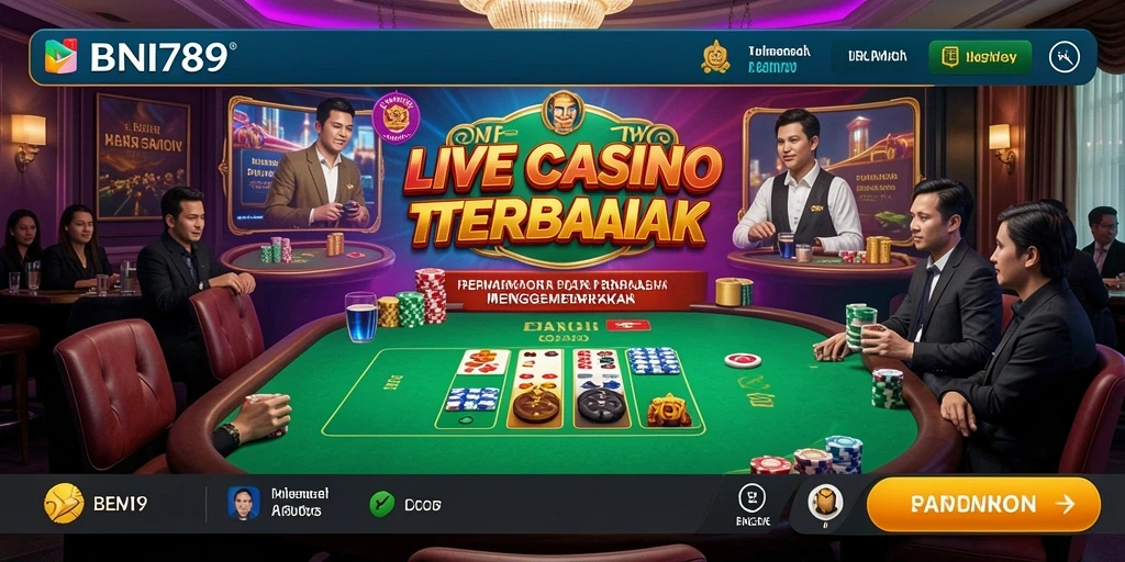 Tangkapan layar gameplay BNI789 menampilkan dealer langsung dalam suasana kasino.