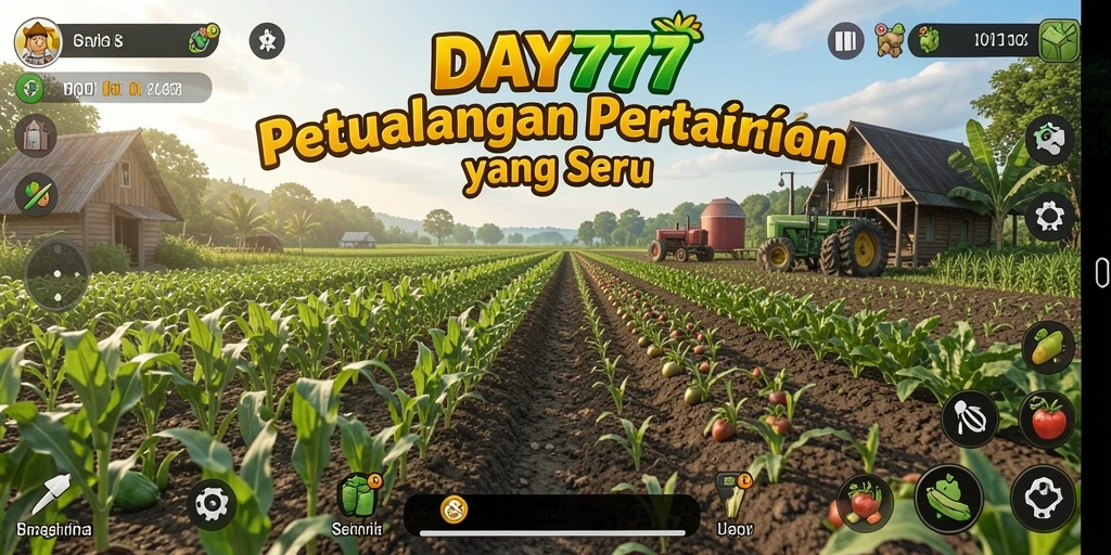 Screenshot utama DAY777 menampilkan suasana ladang yang segar dan aktivitas bertani yang seru.