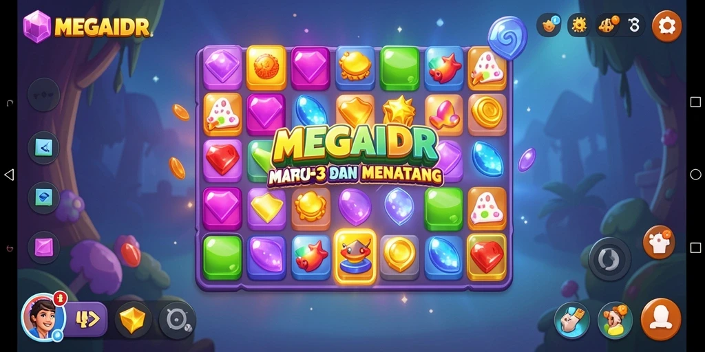 Menampilkan gameplay seru MEGAIDR dengan objek Match-3 yang berwarna-warni.