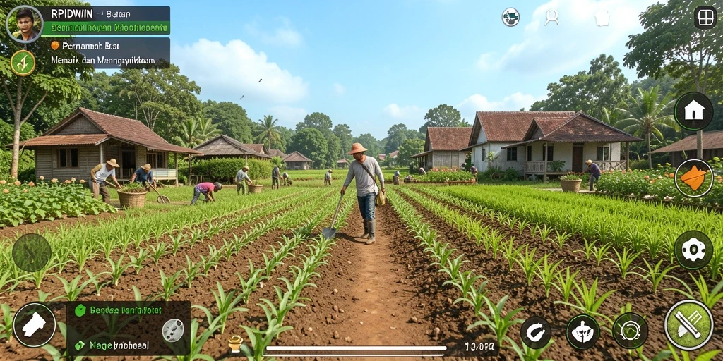Tampilan gameplay RPIDWIN menampilkan petak ladang yang hijau dan hewan ternak.